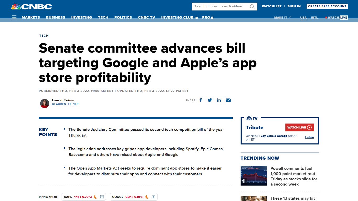 Senate committee advances Open App Markets Act - CNBC